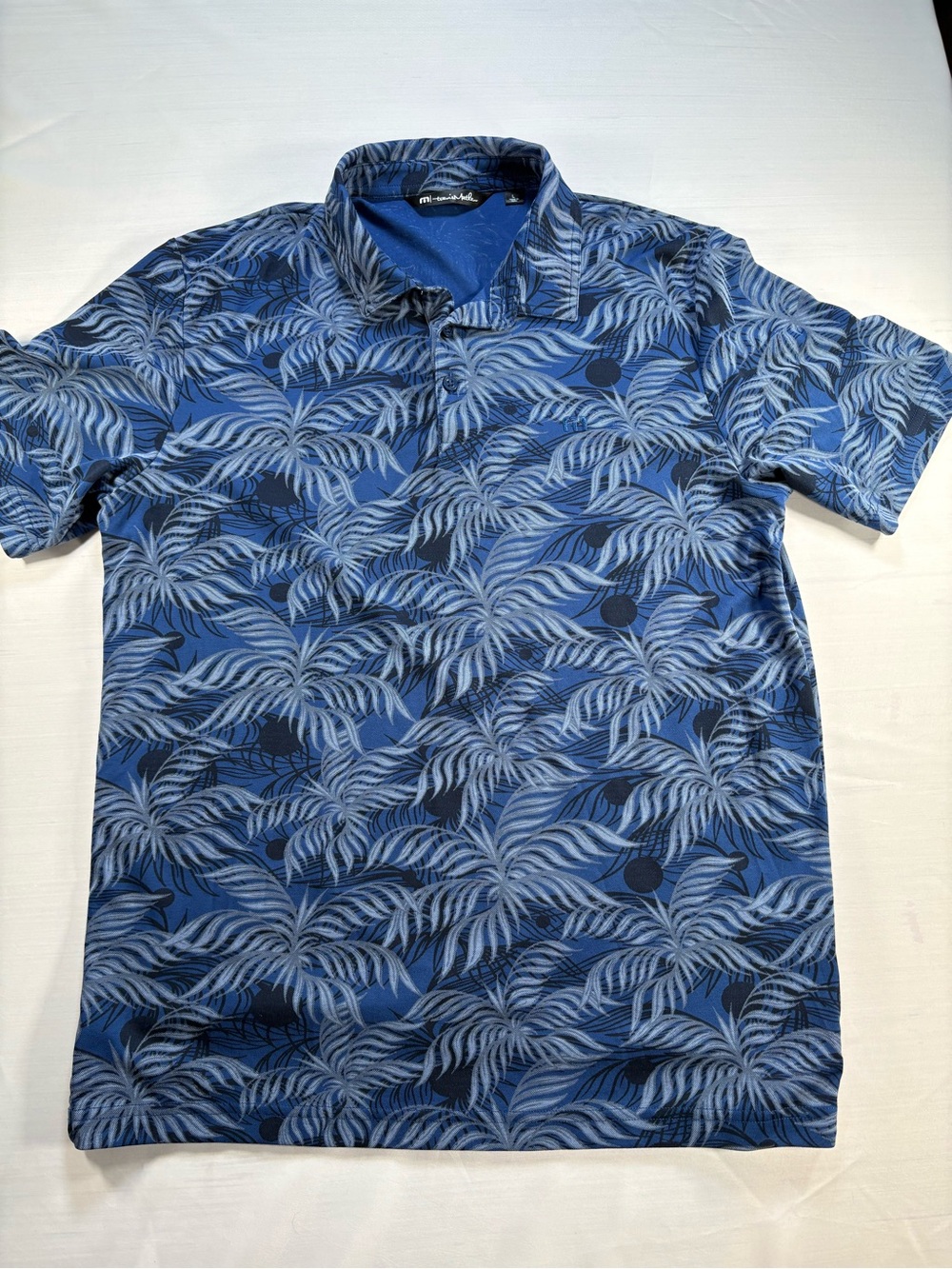 TravisMathew Mens Large Polo Shirt Blue Palm Leaf Tropical Print Short Sleeve L - Picture 2 of 8
